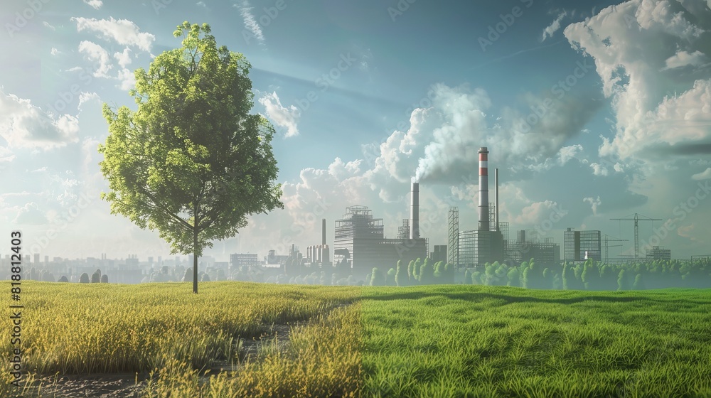 Compare a green tree and meadow with clear air to a factory emitting pollution and its effects on climate change, 3D illustration rendering Compare a green tree and meadow with clear air to a factory emitting pollution and its effects on climate change, 3D illustration rendering