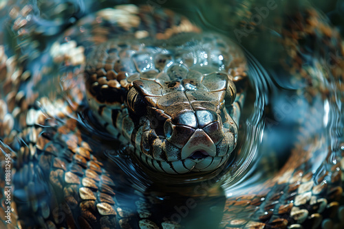 Illustration of a snake coiled inside a glass tank, its shadow fragmented by the mesh covering the top, photo