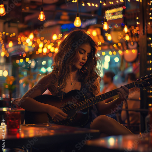 Una joven modelo española con cabello rubio suelto toca la guitarra en un bar con luces cálidas. 