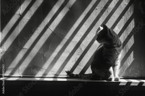 Dynamic image of a cat sitting on a windowsill, its shadow intersected by the crisscrossing lines of the window pane,