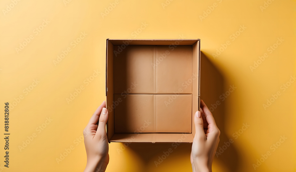 Hands of a Woman Holding an Open, Empty Brown Cardboard Box Against a Yellow Background Hands of a Woman Holding an Open, Empty Brown Cardboard Box Against a Yellow Background