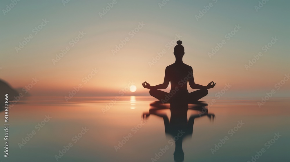 A tranquil scene of a person in silhouette meditating at sunset reflected on a calm water surface, conveying calmness and inner peace A tranquil scene of a person in silhouette meditating at sunset reflected on a calm water surface, conveying calmness and inner peace