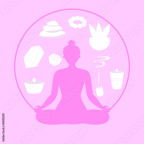 Yoga Fitness Icon. Flat Design Isolated Illustration. With girl sitting in lotos pose in pink colours. With circle on background and yoga items