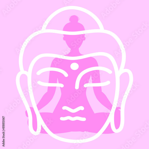 Yoga Fitness Icon. Flat Design Isolated Illustration. With girl sitting in lotos pose in pink colours. With with white line art Buddha