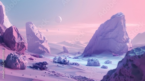 This image depicts a dreamlike desert with pastel colored sky, large rock formations and multiple moons in the background