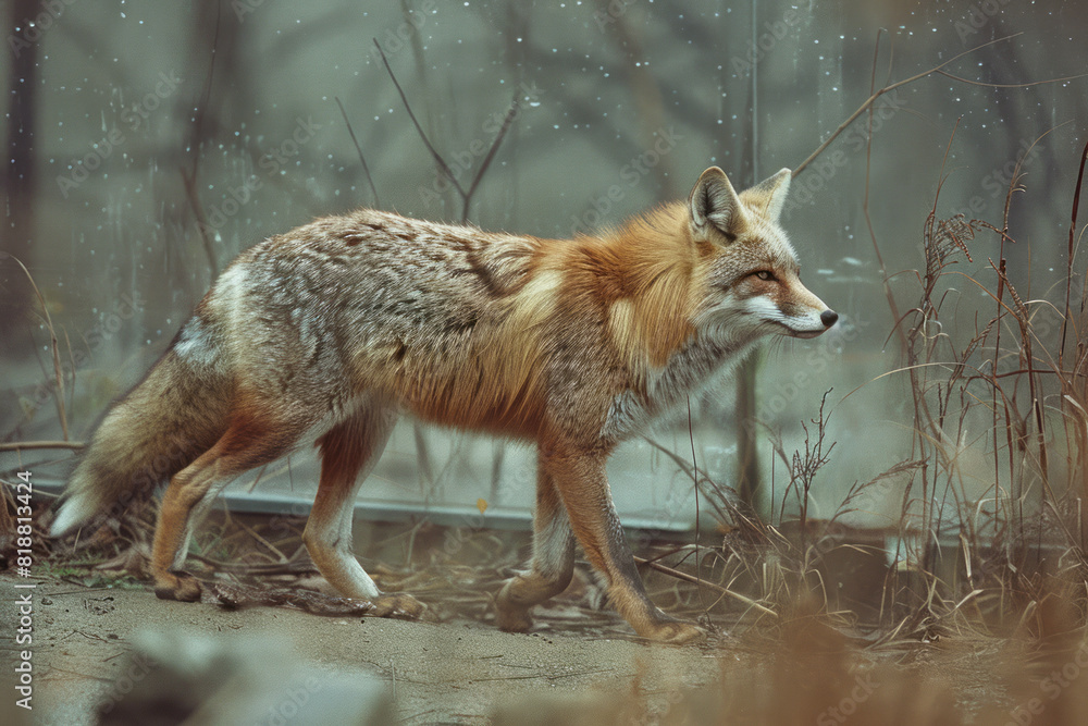 Fototapeta premium Dynamic image of a fox with a torn outline, reflecting the impact of confinement on its natural instincts,