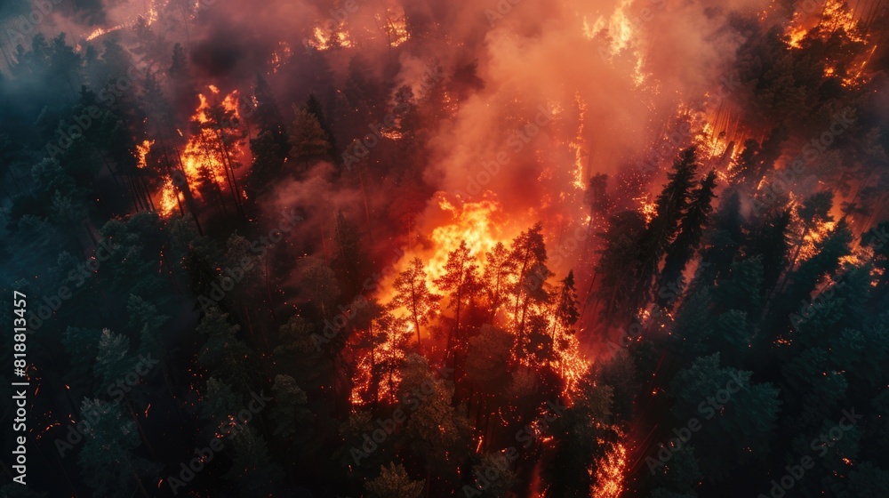 Aerial view of a burning forest. Wildfire, global warming and climate change concept