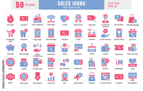 Sales icons set.E-commerce online shopping flat two-color icons vector