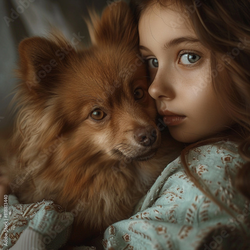 Una joven modelo española sostiene un pequeño cachorro de raza pomerania, su mirada se funde con la cámara mientras la luz resalta los detalles de su delicado rostro.  photo