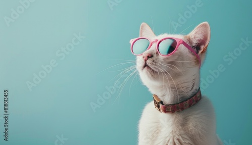 Photo of A white lynx cat with pink sunglasses on isolated pastel blue background