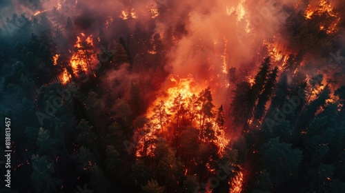 Aerial view of a burning forest. Wildfire, global warming and climate change concept © Vladyslav  Andrukhiv