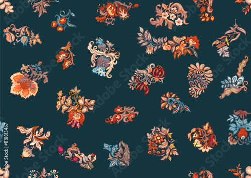 Fantasy, alien flowers, decorative flowers and leaves. Cartoon style. Millefleurs trendy floral design. Seamless pattern, background. Vector illustration.