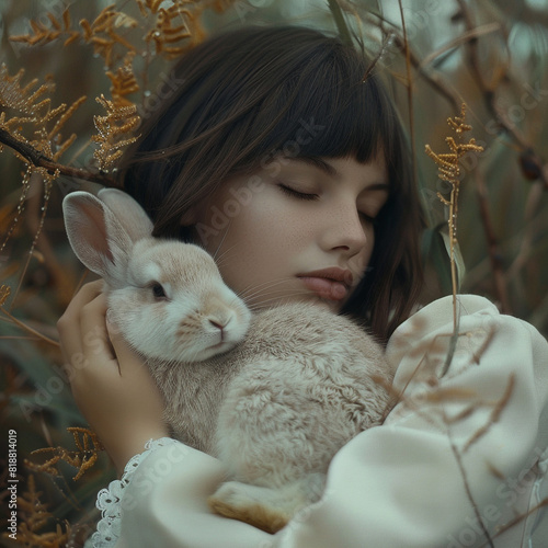 Una jovencita española con cabello castaño liso abraza a un conejo blanco esponjoso con cariño. 