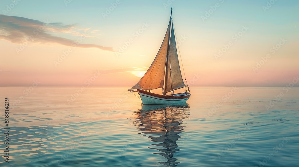 Fototapeta premium Sailboat glides across calm ocean at sunset