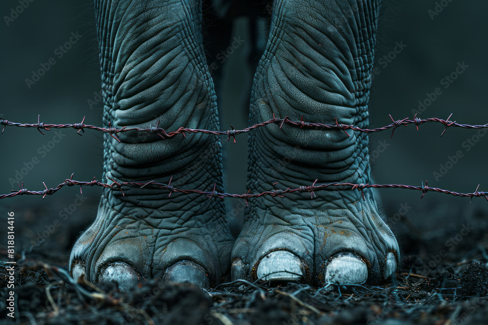Illustration of an elephant with coils of barbed wire wrapped around ...