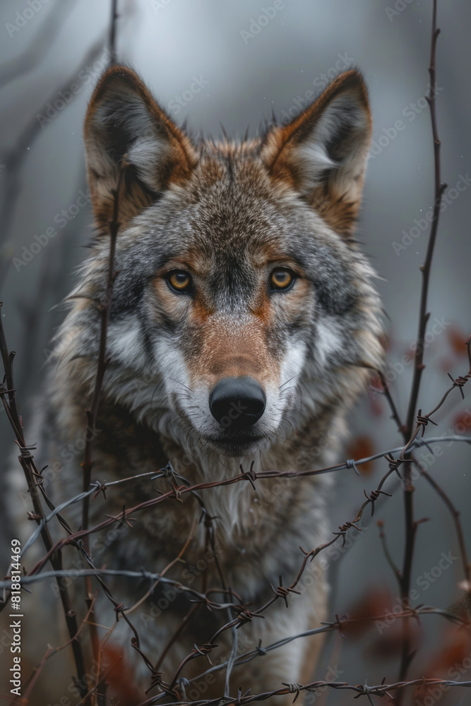 Fototapeta premium Scene of a wolf with barbed wire coiling around its body, restricting its natural agility and freedom,