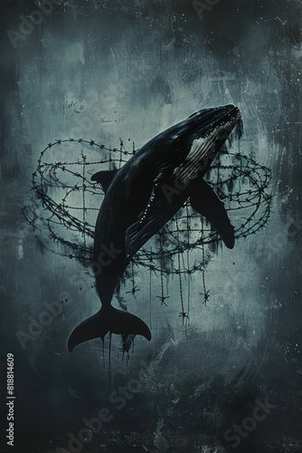 Illustration of a whale with barbed wire cutting through its silhouette, representing the confinement of ocean creatures, photo