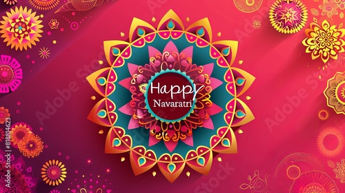 happy navaratri card with colorful flowers and a colorful background.