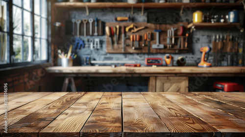 wooden table in the foreground; blurred background with carpenter's tools