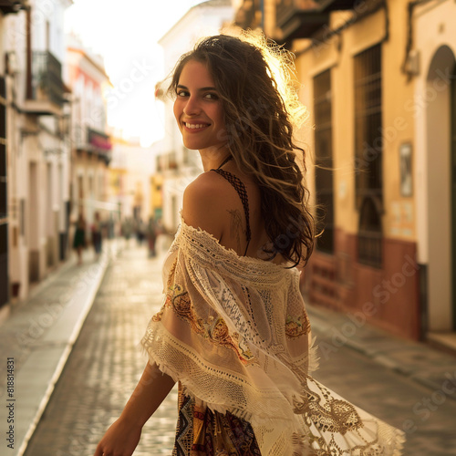 Una modelo andaluza de 21 años, llamada Lucía, camina por la calle de las Sierpes en Sevilla, con un vestido de gitana y un abanico en la mano, con el cabello oscuro y una sonrisa sensual.  photo