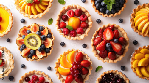 Set of tasty sweet tartlets with fresh berries and fruits photo