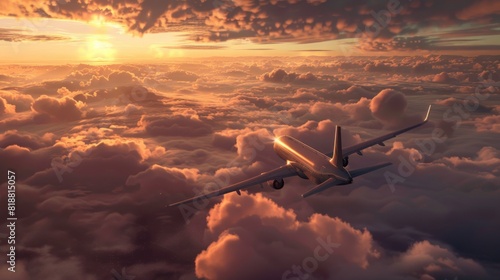 Airplane flying above the clouds at sunset.