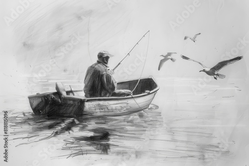 fisherman fishing boat whittling seagulls pastime leisurely cozy nostalgic pencil sketch hobbies and leisure  photo