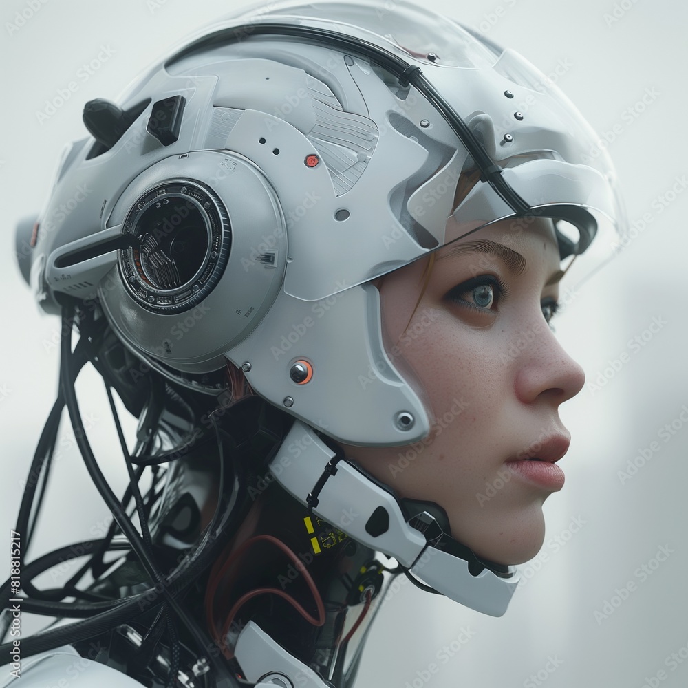 Close-up of the face and head of a female android, half robot, with plastic skin, white helmet, wires around her neck and black cables attached to them. Close-up of the face and head of a female android, half robot, with plastic skin, white helmet, wires around her neck and black cables attached to them.