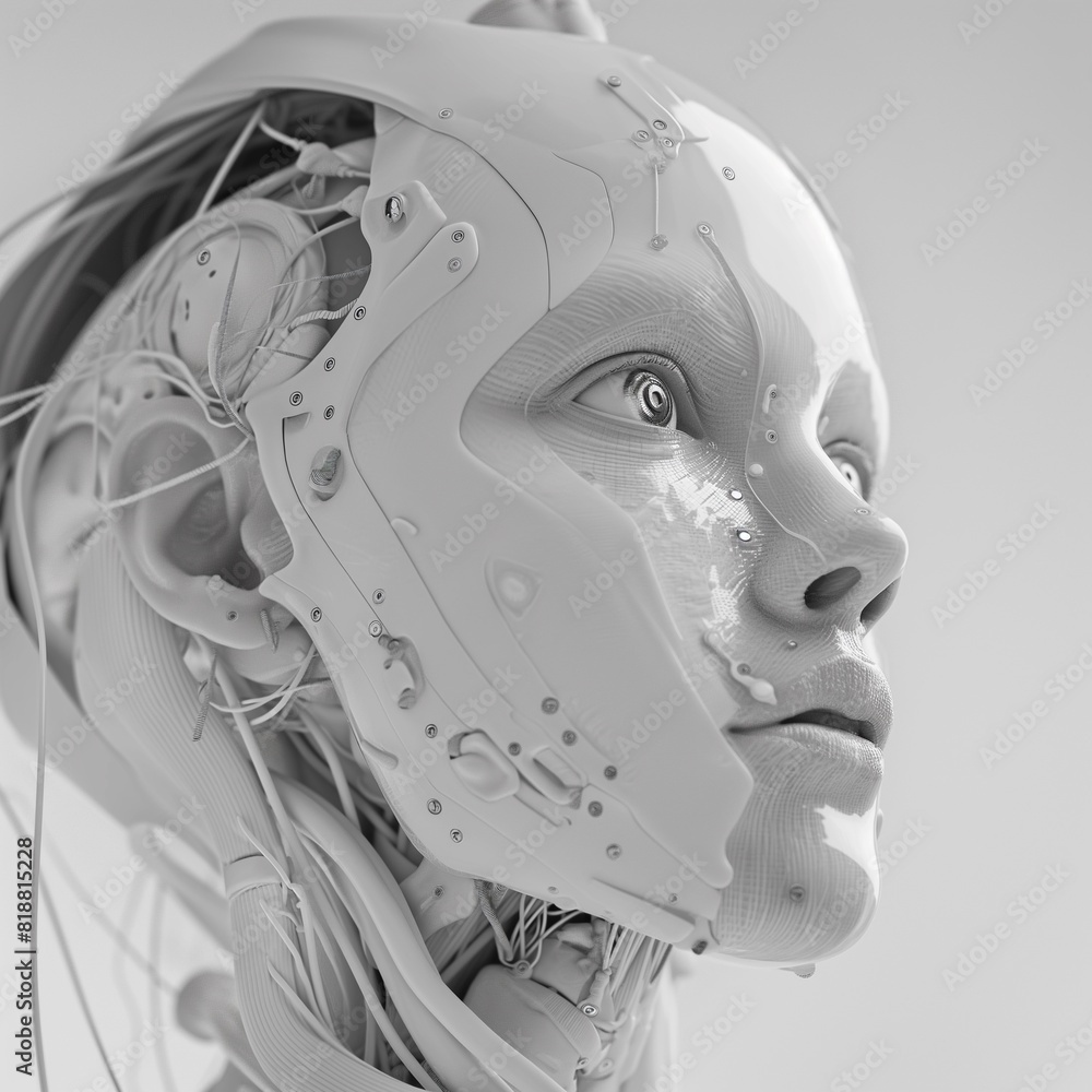 Close-up of the face and head of a female android, half robot, with plastic skin, white helmet, wires around her neck and black cables attached to them. Close-up of the face and head of a female android, half robot, with plastic skin, white helmet, wires around her neck and black cables attached to them.