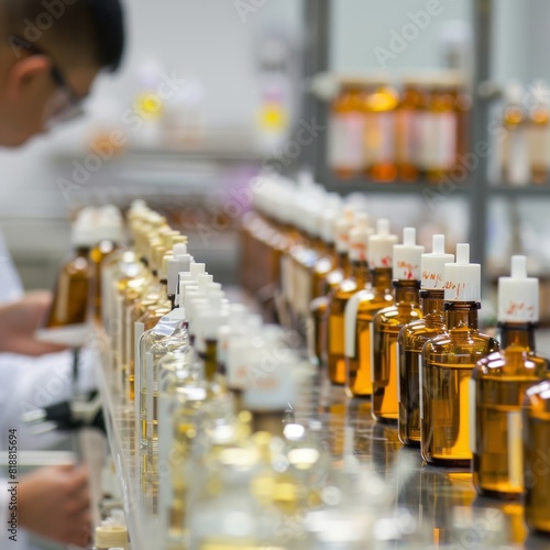 A scent developer testing new fragrances in a lab  with rows of scent bottles softly blurred in the background. 