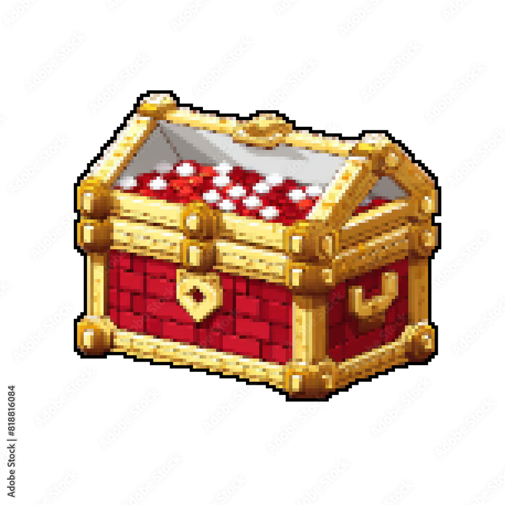 Pixel Art Red Treasure Chest Brimming with Gold - 8-Bit Style - 2D pixel art games Pixel Art Red Treasure Chest Brimming with Gold - 8-Bit Style - 2D pixel art games