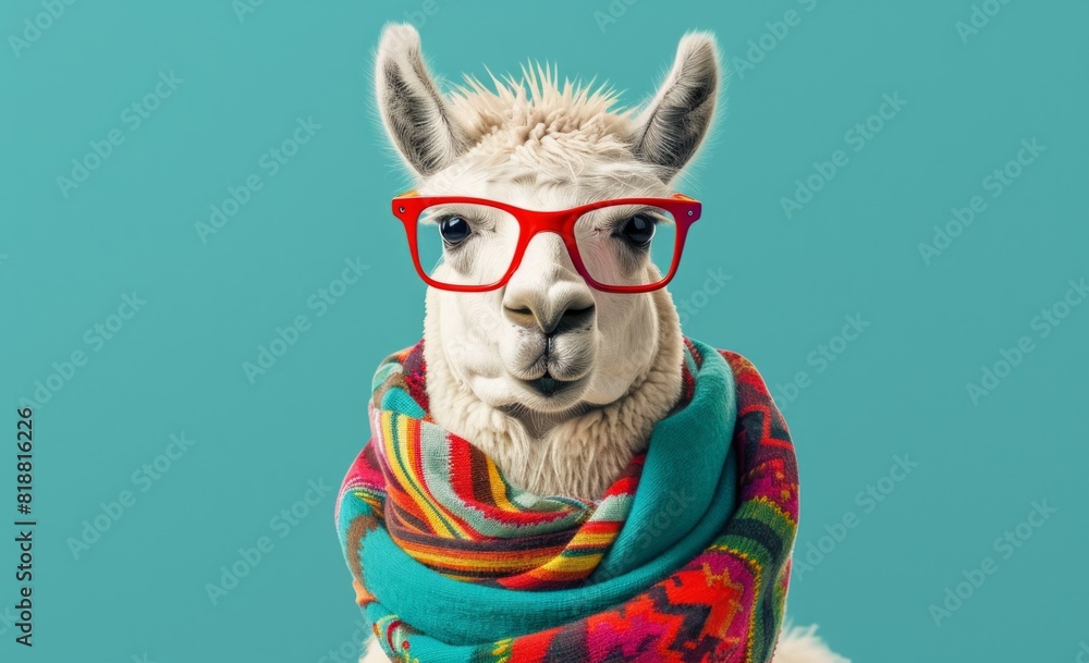 white llama with pink sunglasses and a colorful scarf on a turquoise background white llama with pink sunglasses and a colorful scarf on a turquoise background