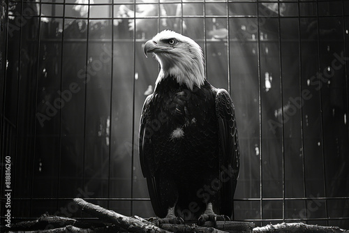 Scene of an eagle in a distorted aviary, the twisted wires and broken perches highlighting its limited freedom, photo