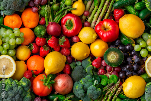 A colorful assortment of fruits and vegetables  including apples  oranges