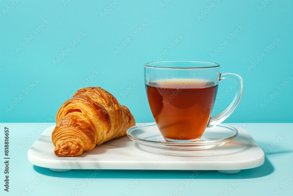 a croissant and a cup of tea on a blue background a croissant and a cup of tea on a blue background