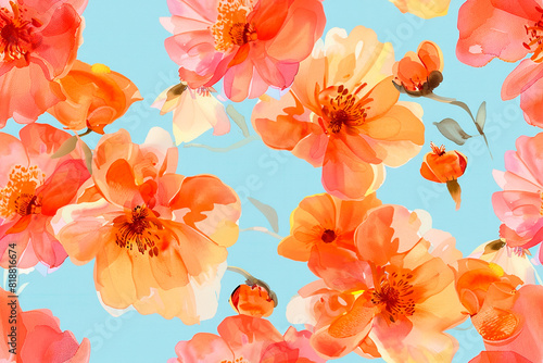 Vibrant orange flowers on a light blue background creating a seamless pattern ideal for bright and cheerful decorative designs