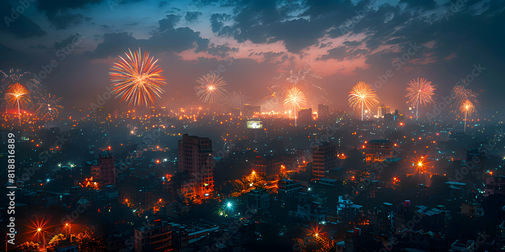 A cityscape during Diwali with fireworks lighting up the sky A cityscape during Diwali with fireworks lighting up the sky