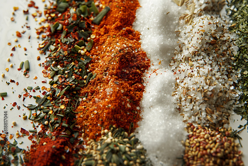 A variety of colorful seasonings displayed, showcasing diverse spices and herbs for culinary use