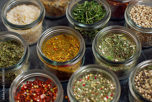 A variety of colorful seasonings displayed, showcasing diverse spices and herbs for culinary use