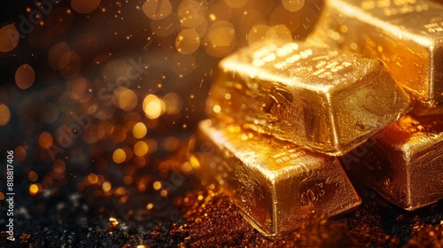 "Close-up of shiny gold bars with a blur of golden light spheres in the background, suggesting wealth and luxury