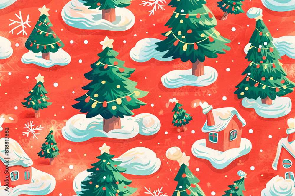 Christmas trees and houses pattern on a red background, creating a seamless, festive design perfect for cheerful, holiday decorations and seasonal textiles Christmas trees and houses pattern on a red background, creating a seamless, festive design perfect for cheerful, holiday decorations and seasonal textiles