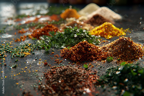 A variety of colorful seasonings displayed, showcasing diverse spices and herbs for culinary use