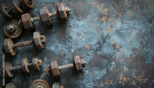 Fitness concept background with vintage iron dumbbells on grey gym floor