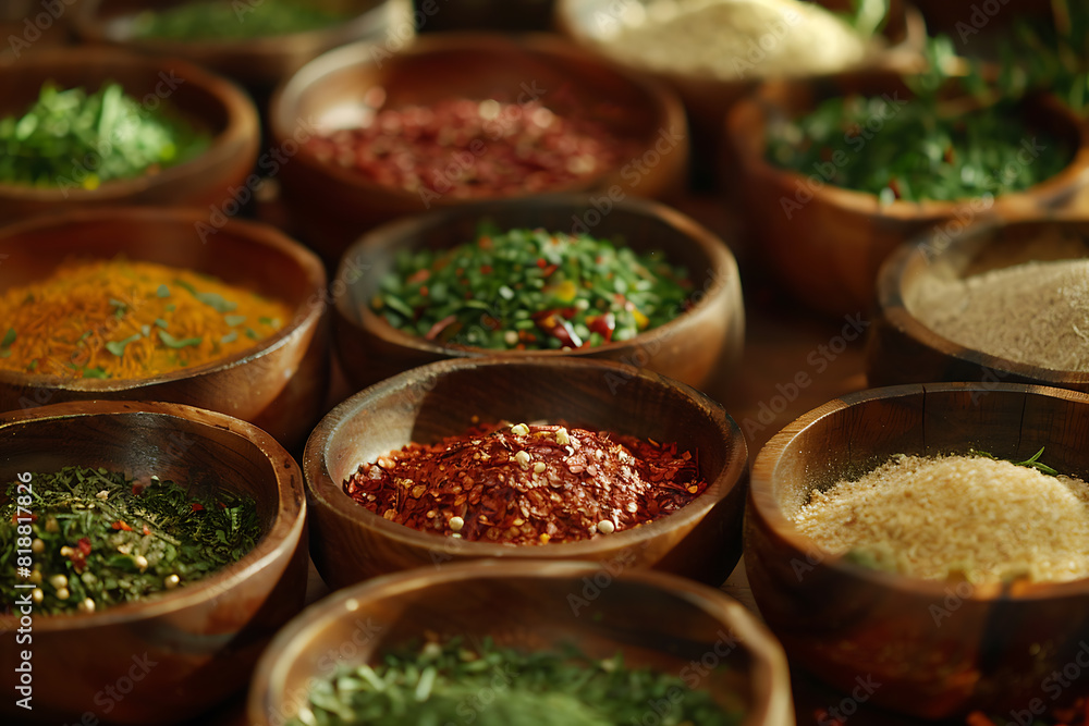 A variety of colorful seasonings displayed, showcasing diverse spices and herbs for culinary use