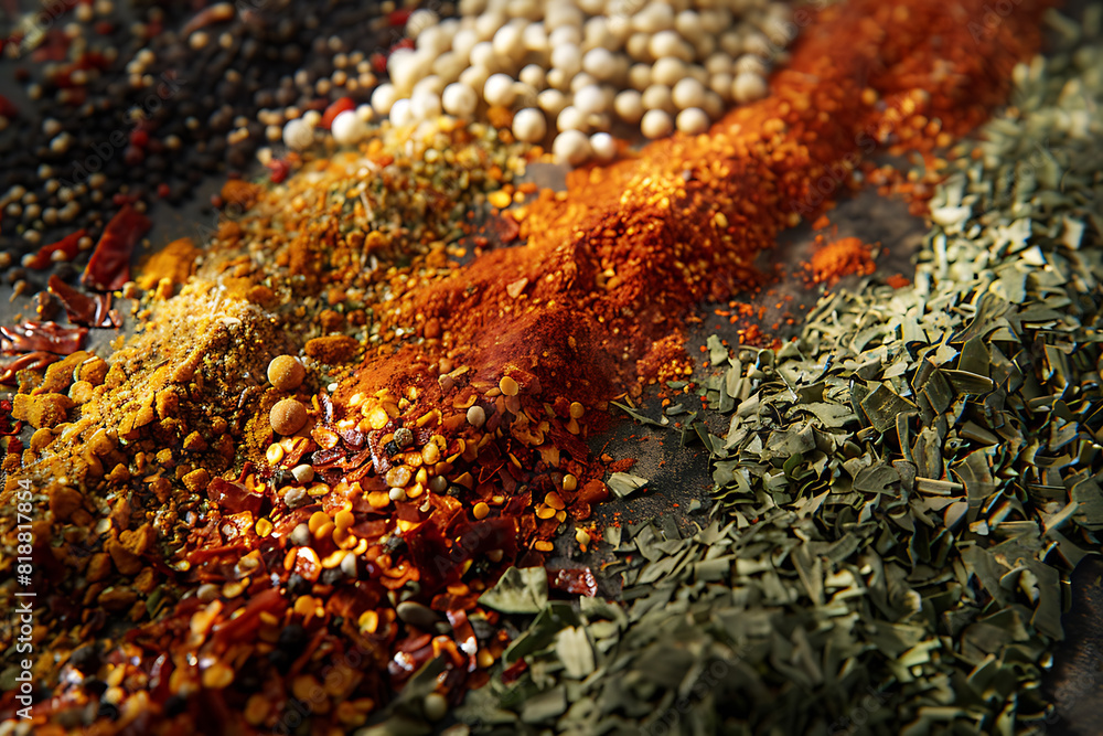 A variety of colorful seasonings displayed, showcasing diverse spices and herbs for culinary use