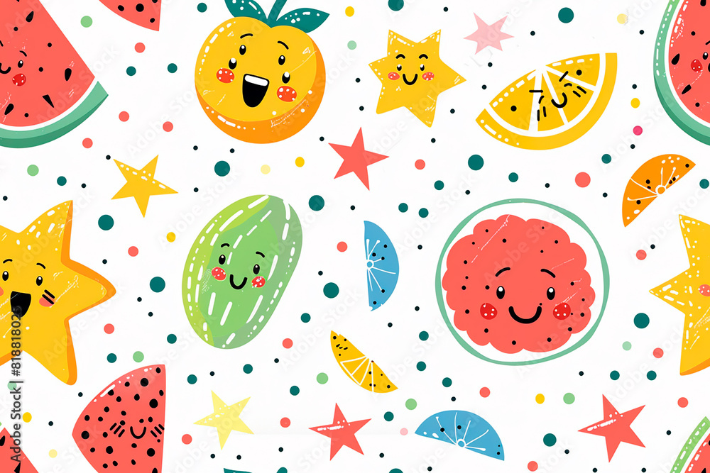 Kawaii fruit seamless pattern with smiling watermelon, orange, and other fruits on a white background, perfect for cute decorations and playful designs Kawaii fruit seamless pattern with smiling watermelon, orange, and other fruits on a white background, perfect for cute decorations and playful designs