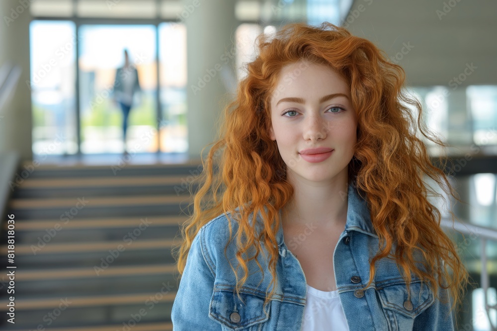 a young woman with red hair in a denim jacket standing in front of stairs a young woman with red hair in a denim jacket standing in front of stairs