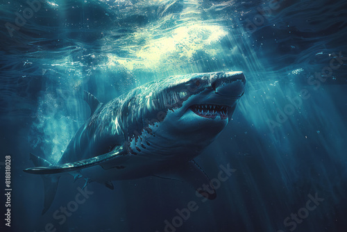 Illustration of a shark with deep, dark blue waves, representing its overwhelming sense of entrapment and isolation, photo