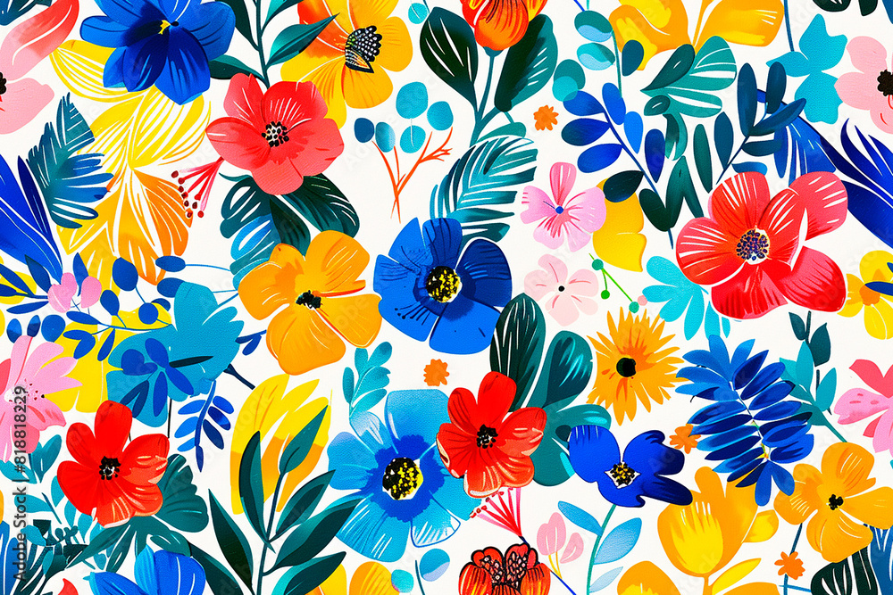Lush tropical floral seamless pattern with vibrant flowers and leaves in bold colors, perfect for exotic decorations and summer-themed designs