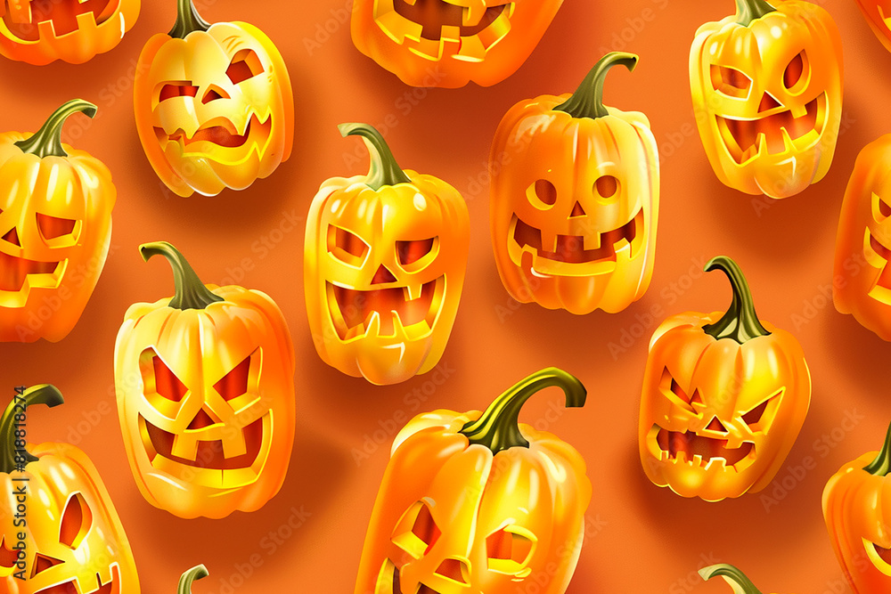 Seamless Halloween pattern with bright orange jack-o'-lanterns on an orange background, perfect for festive and spooky designs Seamless Halloween pattern with bright orange jack-o'-lanterns on an orange background, perfect for festive and spooky designs